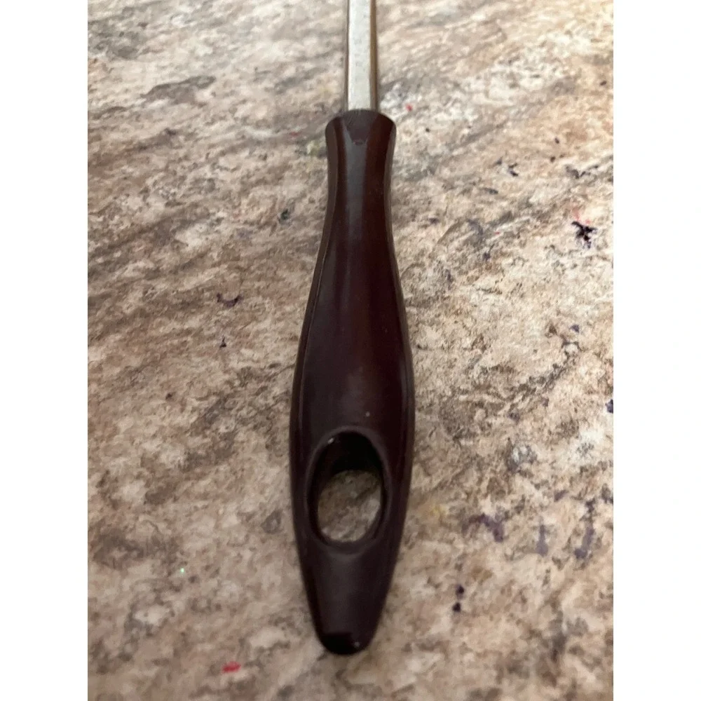 Stainless Steel Slotted Spoon with Pot Rest Clip Brown Handle 10.5 Inch